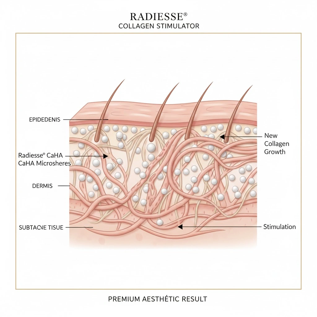 Medizinische Illustration der Radiesse®-Wirkung mit CaHA-Mikrosphären und Kollagenstimulation in den Hautschichten