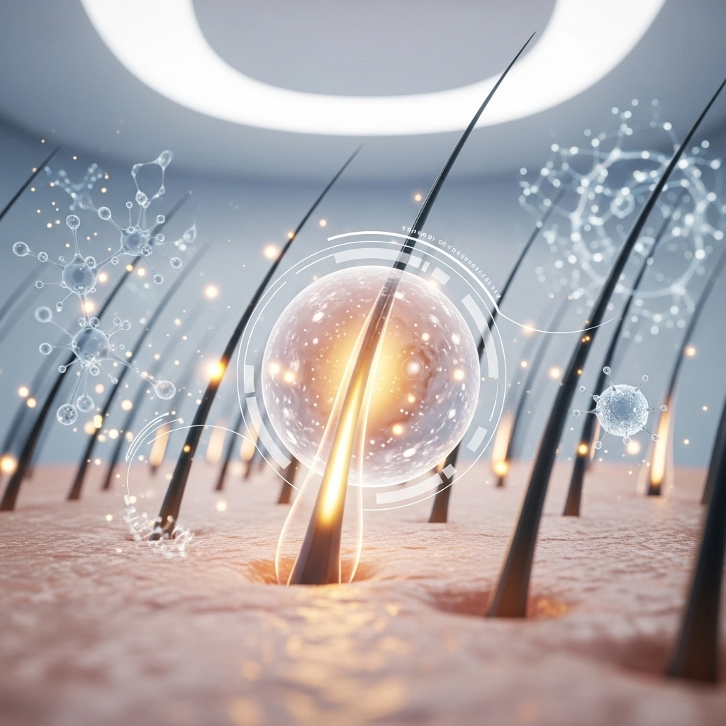 Glückliche Frau mit gesundem, vollem Haar nach Stammzelltherapie, in einem hellen, modernen ästhetischen Kliniksetting, das Haarfollikel und Vitalität betont.